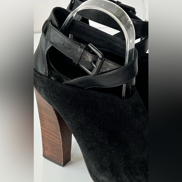 ALLSAINTS Black Suede Peep Toe Bootie Cross Strap Buckle Sandals Size 36 - Picture 9 of 16